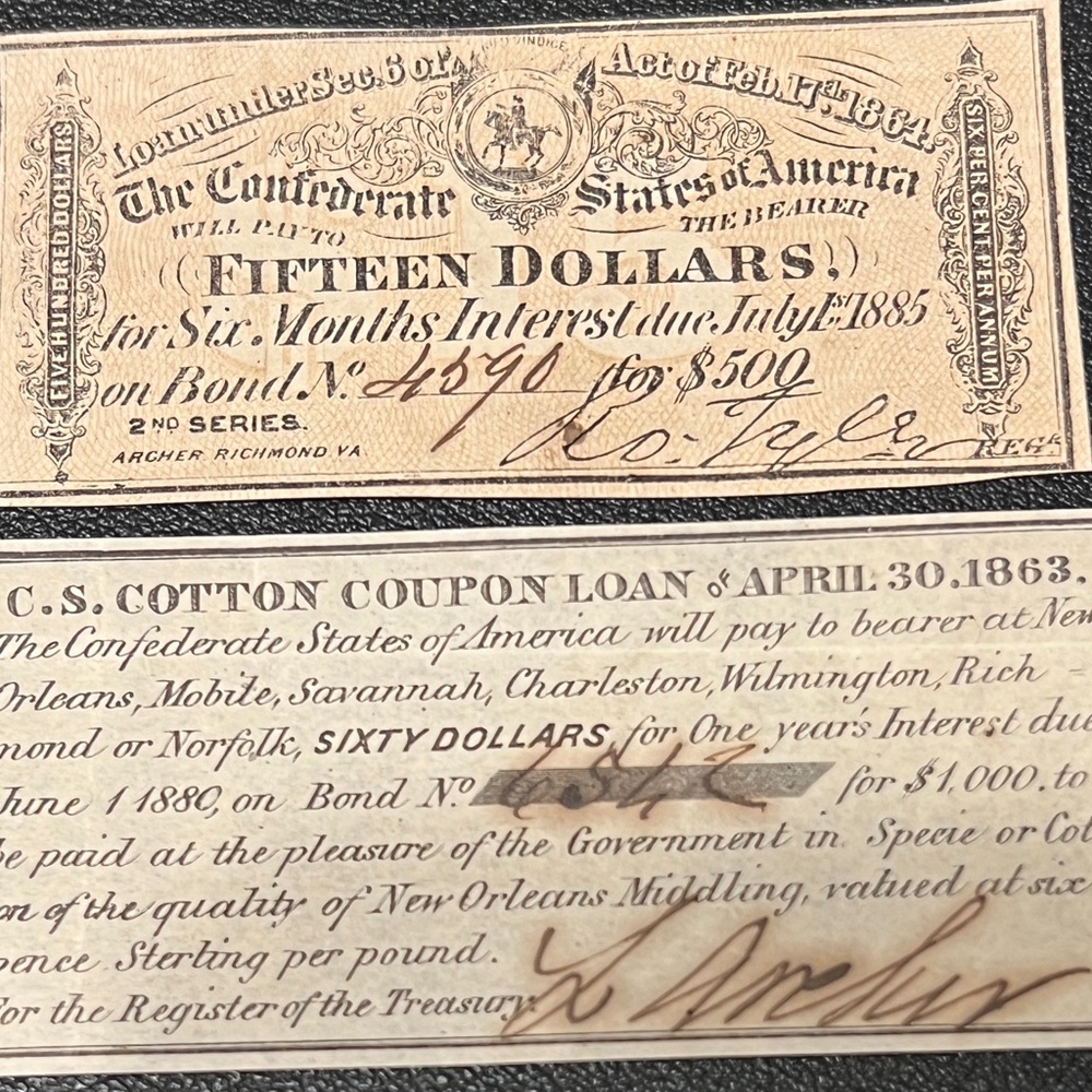Rare 1863 & 1864 Confederate Bond Interest Coupons - CSA Civil War Ephemera AU